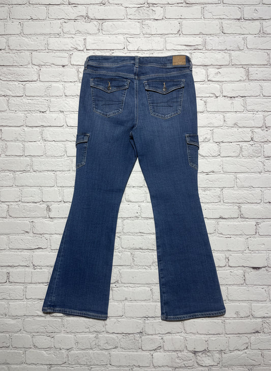 American Eagle Stretch Cargo Flare Jeans Women’s Size 10 Short Blue Mid Rise