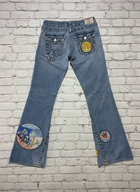 True Religion Society Club Y2K Jeans – Vintage Size 29, USA Made, Psychedelic Mushroom & Butterfly Embroidered Patches