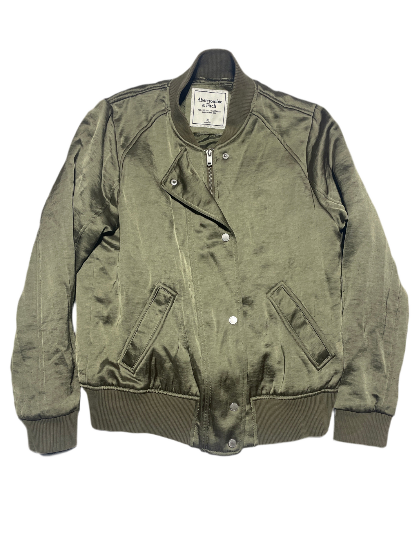 Abercrombie & Fitch Olive Bomber Jacket Unisex Medium Zip Snap Front Ribbed Hem