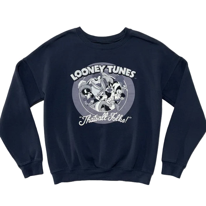 Looney Tunes ‘That’s All Folks’ graphic crewneck sweatshirt, navy, women’s XS, soft poly‑rayon‑spandex blend