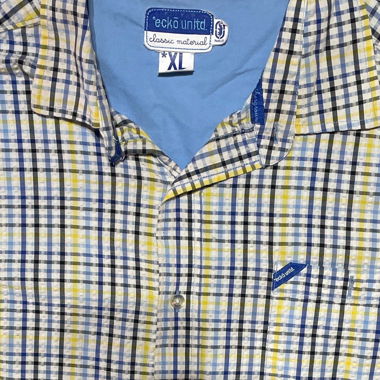 Ecko Unltd Classic Plaid Button-Up Shirt XL - Vintage Y2K Streetwear, Blue Yellow Checkered, Men’s Short Sleeve