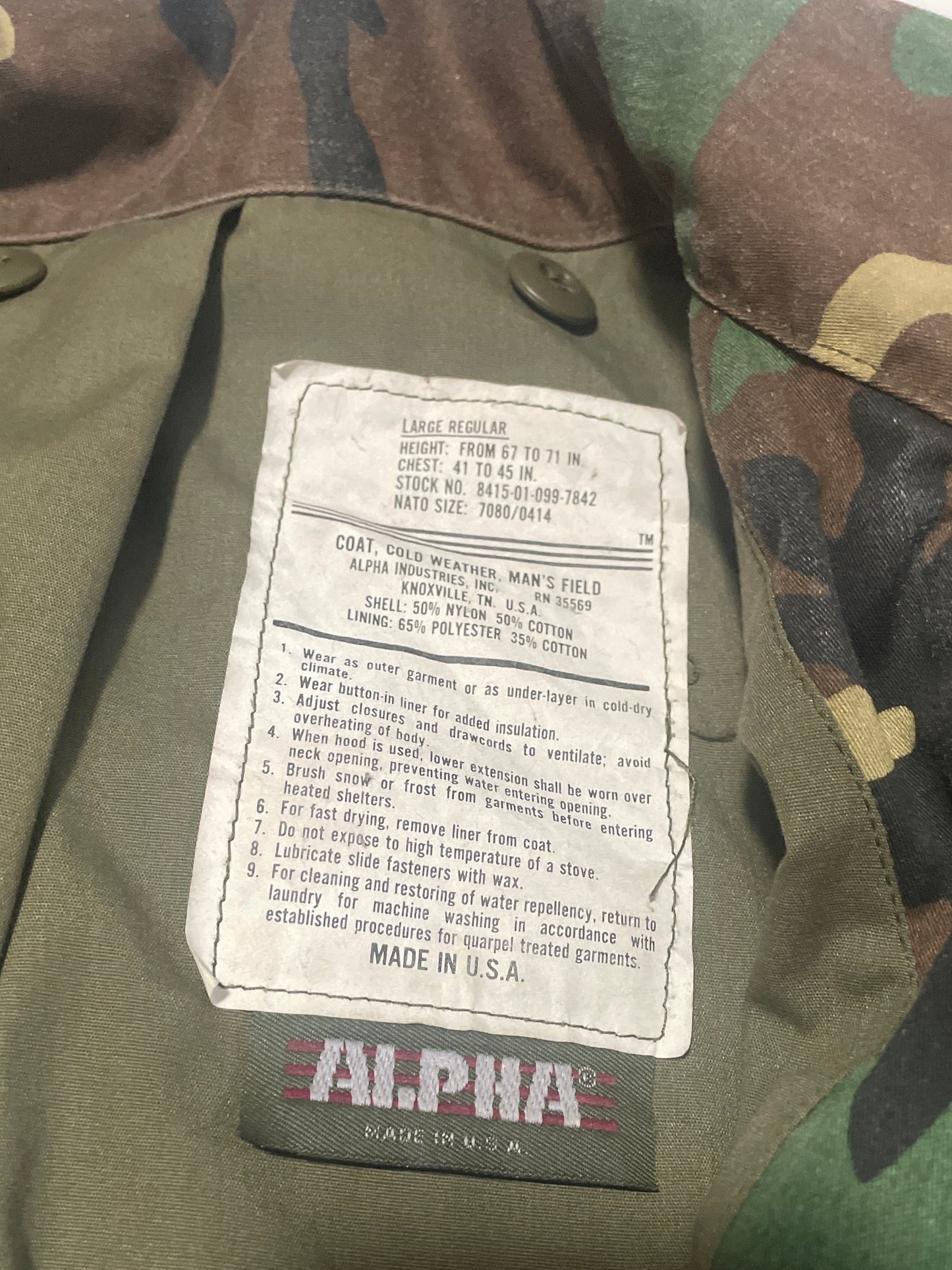 Vintage Alpha Industries M‑65 Field Jacket Large Regular Olive Green (Hood Missing)