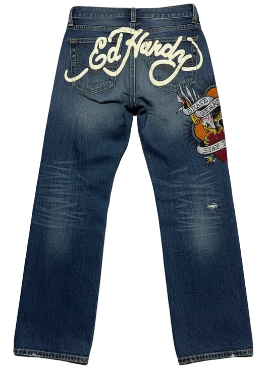 Ed Hardy Brave Hearts Stay True Embroidered Eagle Jeans - Size 26 Y2K Vintage Denim