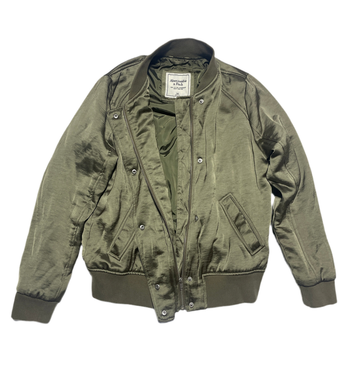 Abercrombie & Fitch Olive Bomber Jacket Unisex Medium Zip Snap Front Ribbed Hem