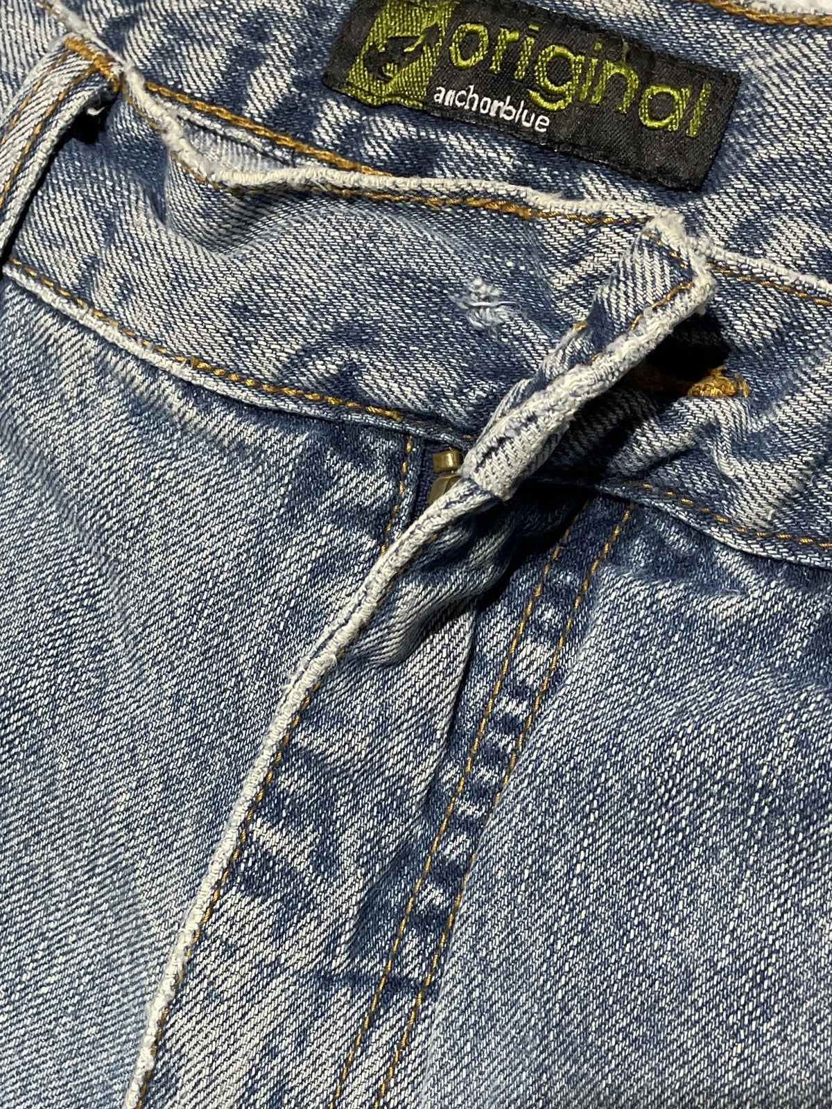 Y2K Anchor Blue Original Baggy Jeans 38x32 Distressed Grunge Raw Hem Vintage Skater Denim