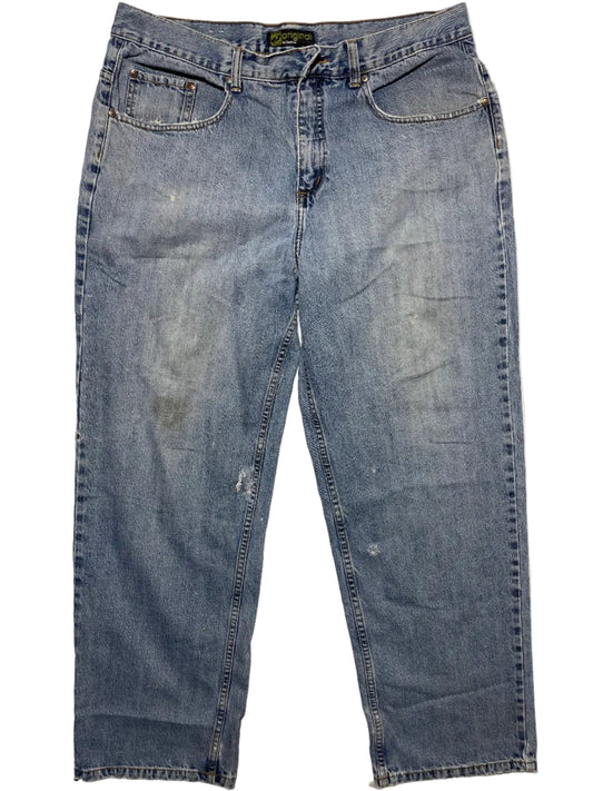 Y2K Anchor Blue Original Baggy Jeans 38x32 Distressed Grunge Raw Hem Vintage Skater Denim