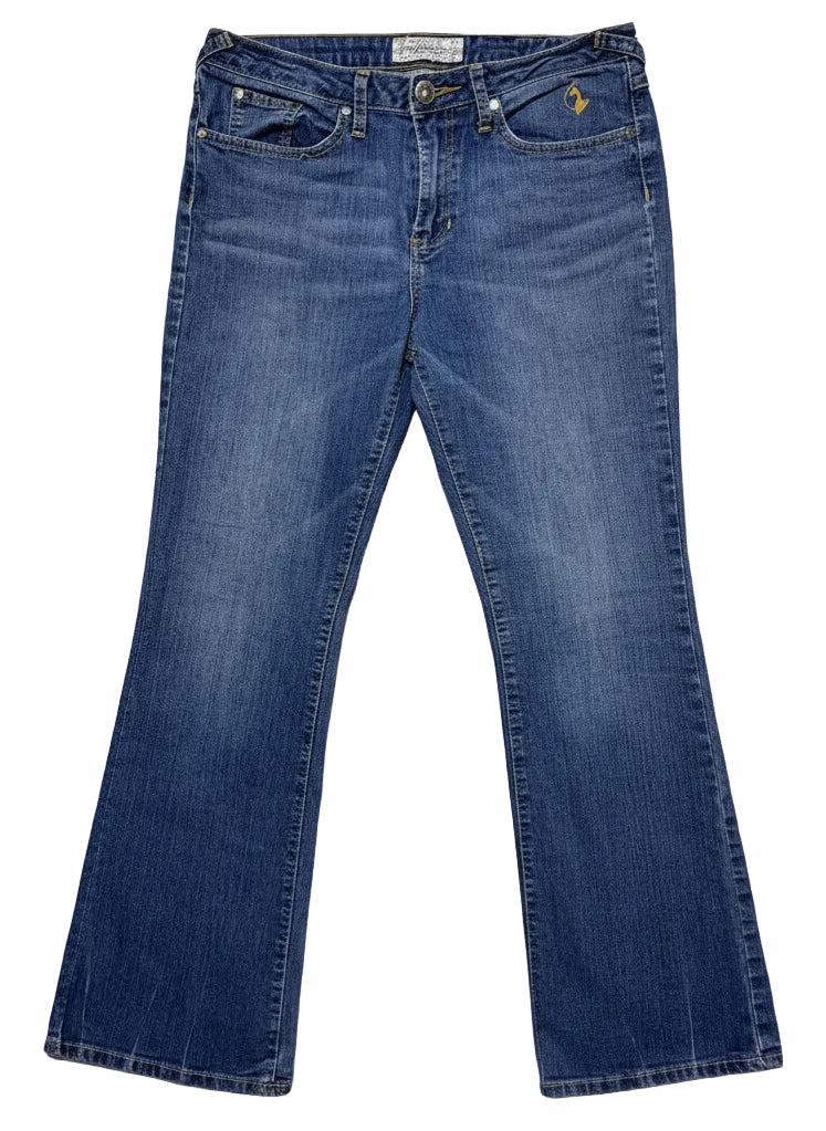 Phat Fashion Silver Label Y2K Bootcut Jeans – Waist 29 x Inseam 32, Vintage Gold Cat Embroidery