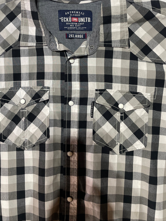 ECKO Unltd Men’s 2XL Black & White Plaid Snap Button Shirt Y2K Vintage Streetwear
