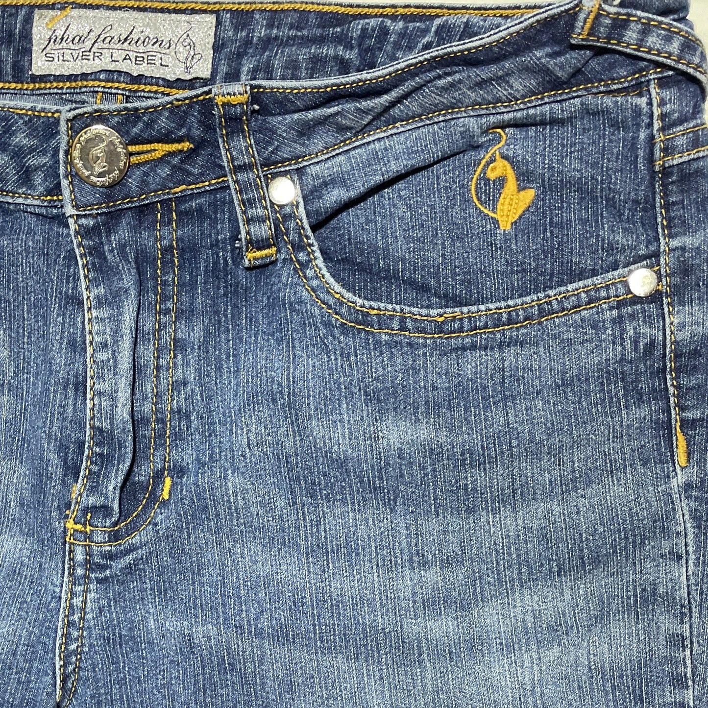 Phat Fashion Silver Label Y2K Bootcut Jeans – Waist 29 x Inseam 32, Vintage Gold Cat Embroidery