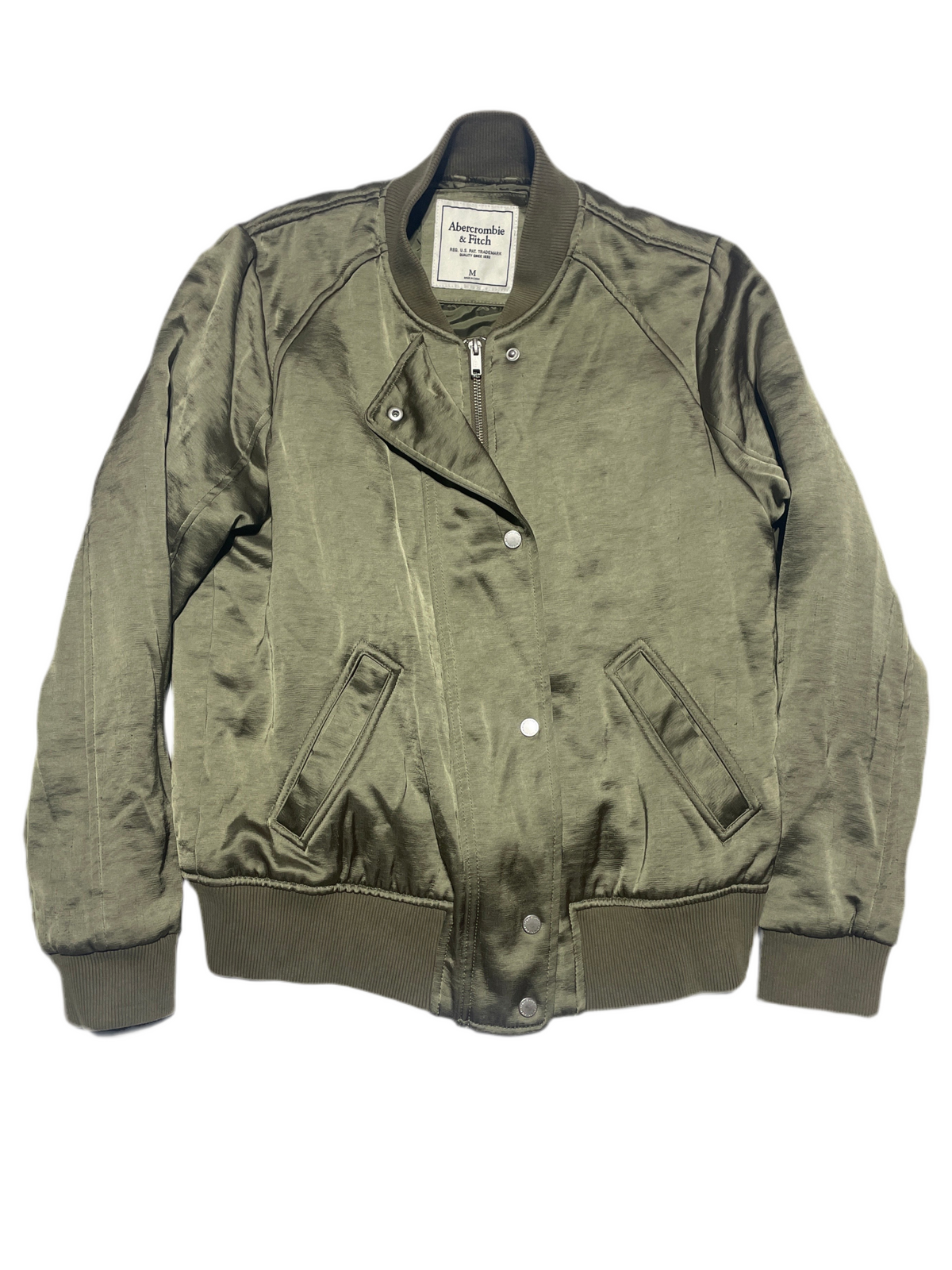 Abercrombie & Fitch Olive Bomber Jacket Unisex Medium Zip Snap Front Ribbed Hem