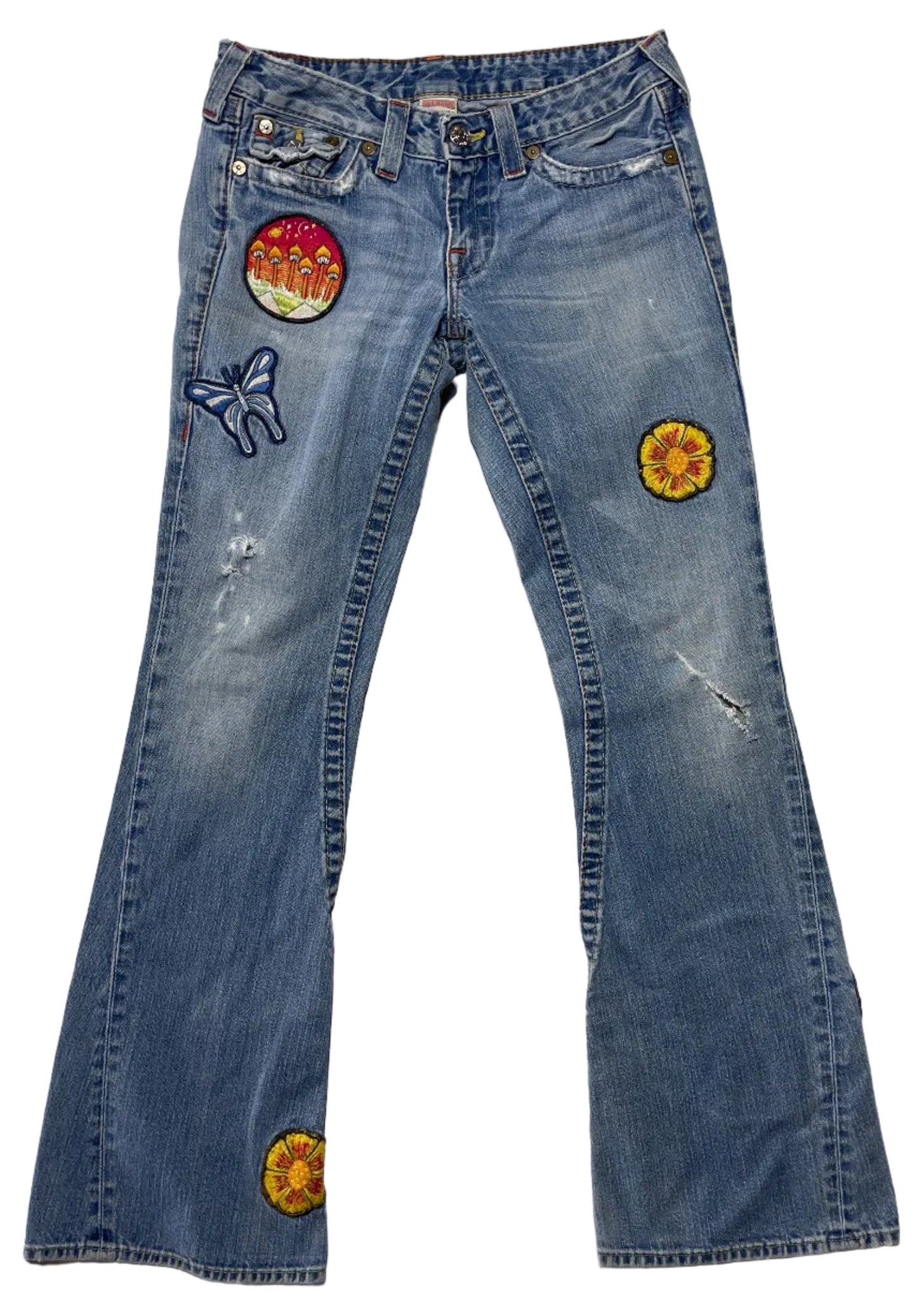 True Religion Society Club Y2K Jeans – Vintage Size 29, USA Made, Psychedelic Mushroom & Butterfly Embroidered Patches