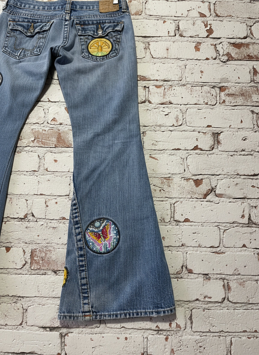True Religion Society Club Y2K Jeans – Vintage Size 29, USA Made, Psychedelic Mushroom & Butterfly Embroidered Patches