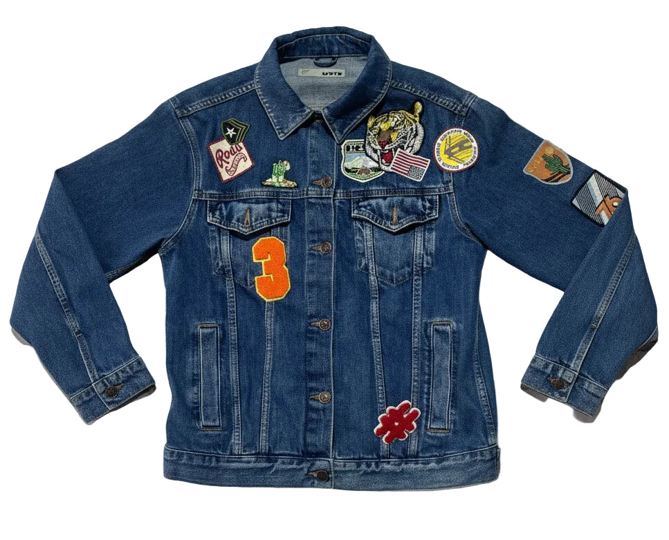 Vintage Moto Denim Jacket with Assorted Patches - Y2K Retro Unisex Size 6