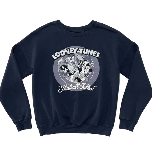 Looney Tunes ‘That’s All Folks’ graphic crewneck sweatshirt, navy, women’s XS, soft poly‑rayon‑spandex blend