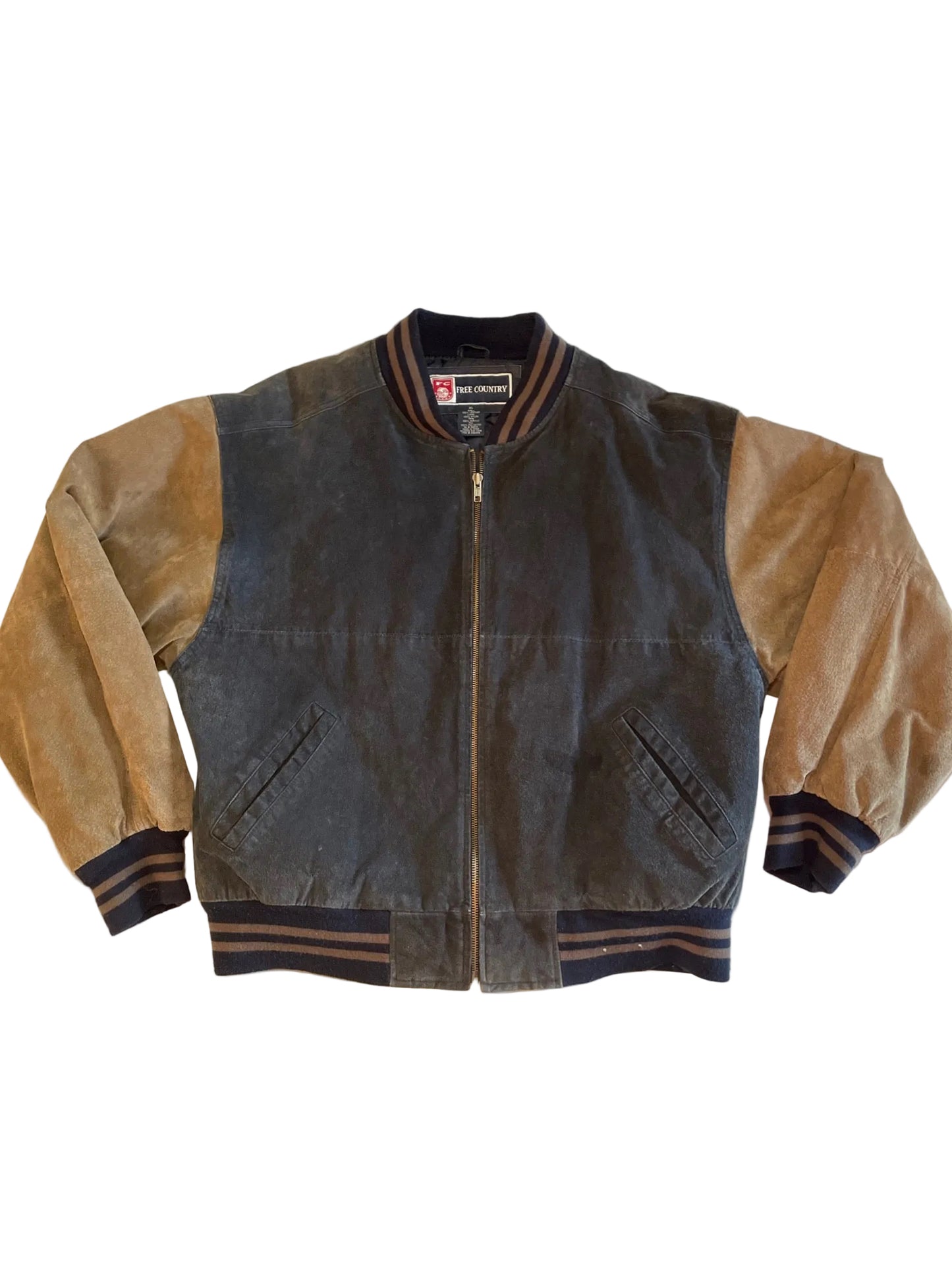 Vintage 90s Free Country Suede Leather Bomber Jacket XL Blue Tan