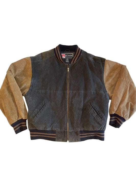 Vintage 90s Free Country Suede Leather Bomber Jacket XL Blue Tan